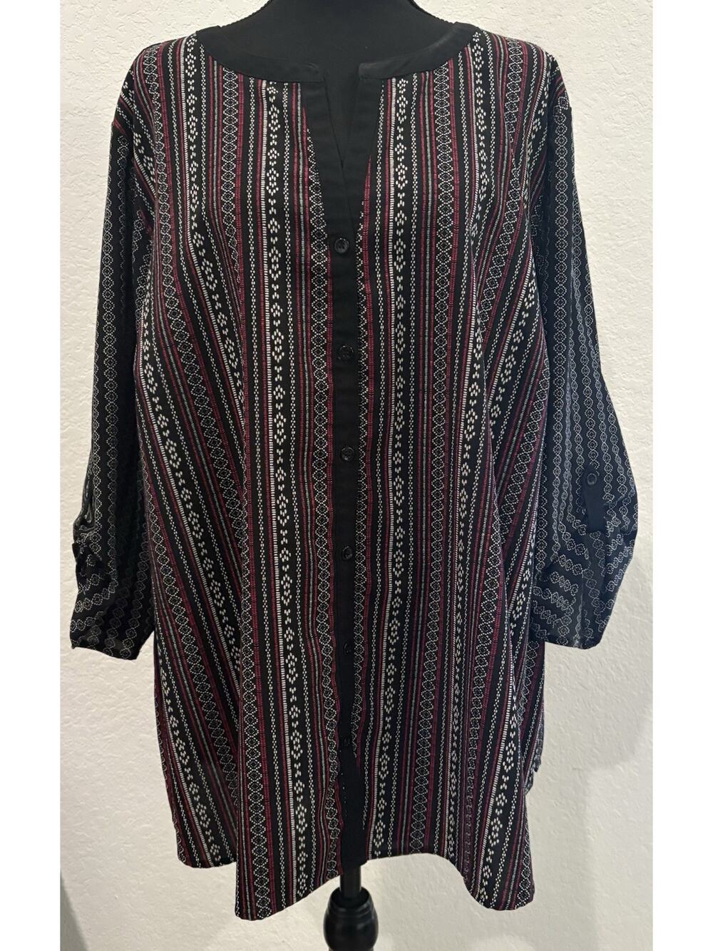 Catherines Multicolored Button Down Blouse 3/4 Roll Tab Sleeves Size 2X